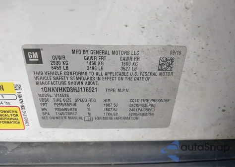 2017 Chevrolet Traverse 2Lt z USA, uszkodzony, nr VIN 1GNKVHKD3HJ176921